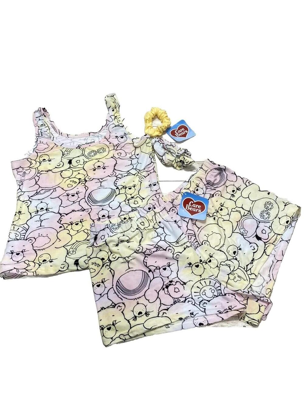 Care Bears PJ Set Small With 2 Matching Hair Scrunchies Brand New Cute Sleepwear